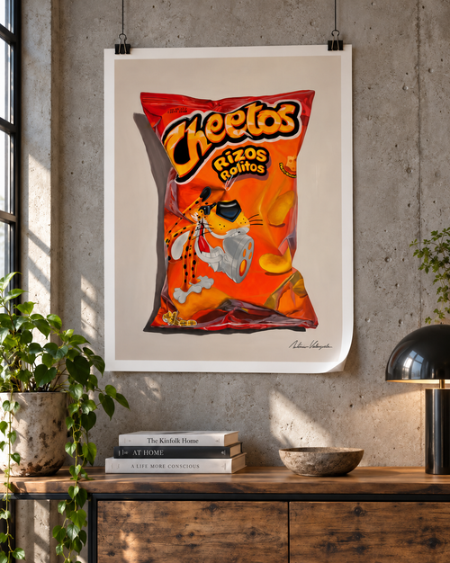 Cheetos — lámina en papel, mockup de ambientación