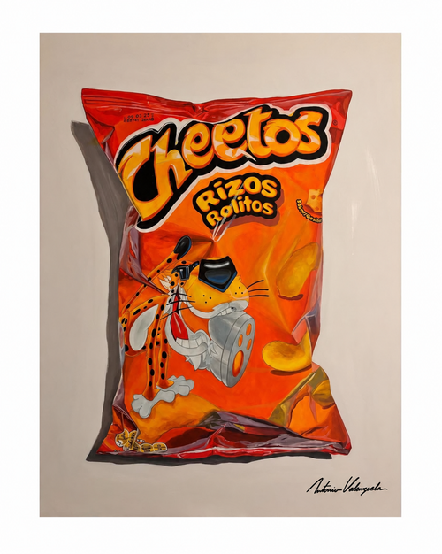 Cheetos — pintura con firma digital de Antonio Valenzuela en la esquina inferior derecha