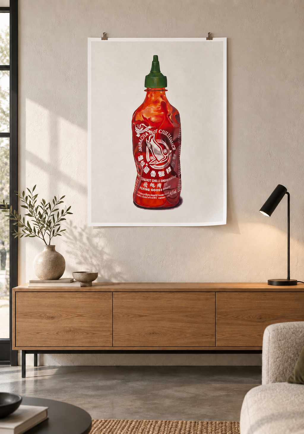 Sriracha — lámina en papel, mockup de ambientación