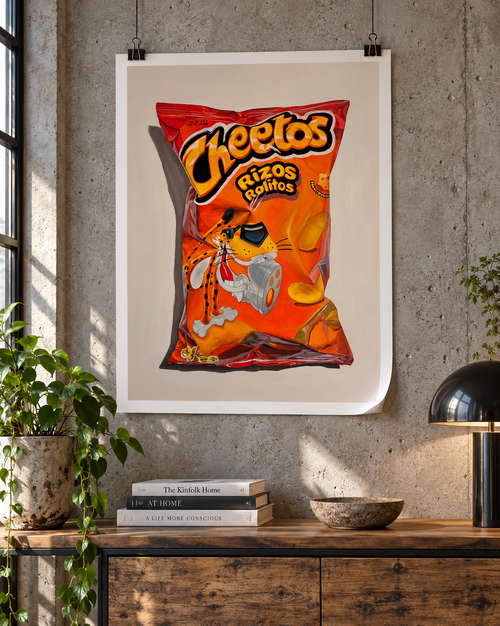Cheetos — lámina en papel, mockup de ambientación