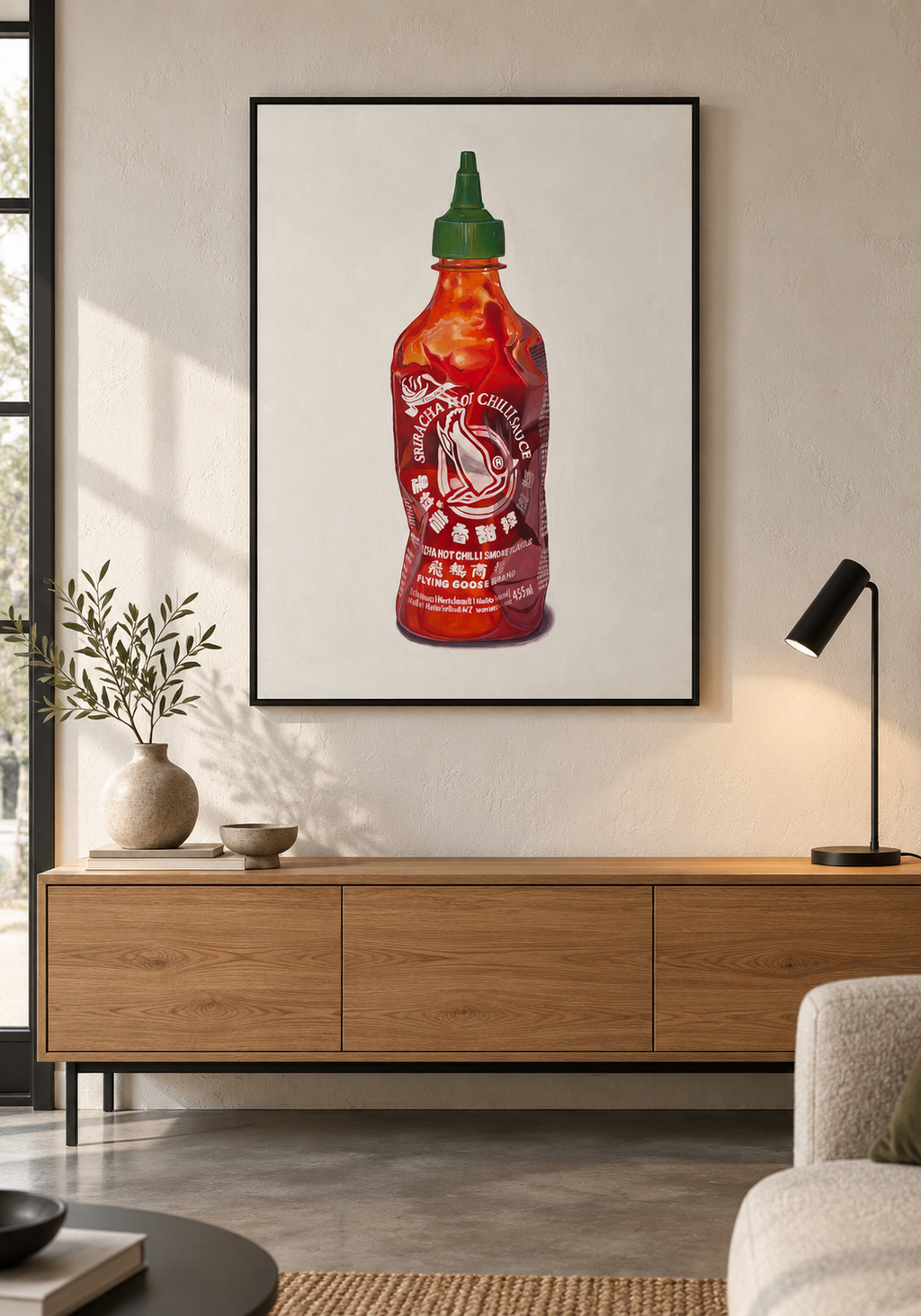 Sriracha — montaje decorativo generado, marco ilustrativo